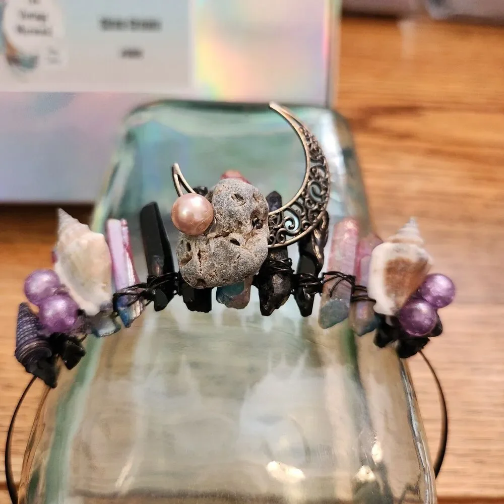 Siren Crown Pink/Blue & Black Crystal Quartz with Stone, Shell, Pearls, Moon!